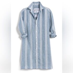 Frank & Eileen Hunter Linen Cotton Blend Blue White Striped Shirt Dress Small